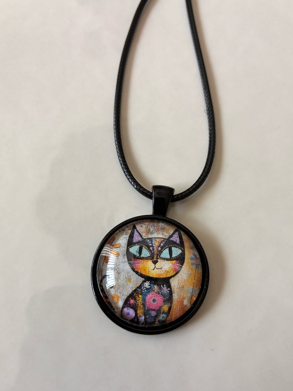 Whimsical Black Cat Pendant Necklace - Colorful Cat Art Charm
